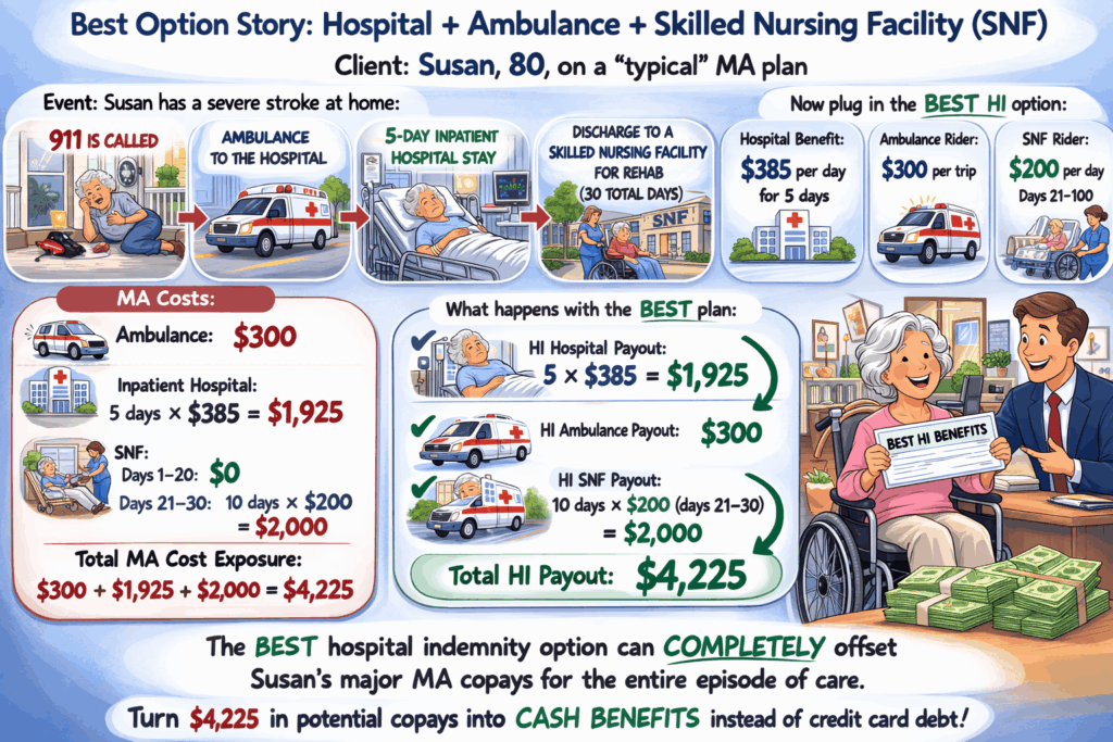 Illustration of how a hospital indemnity plan can cover hospital, ambulance, and skilled nursing facility copayments not covered by Medicare Advantage plans.