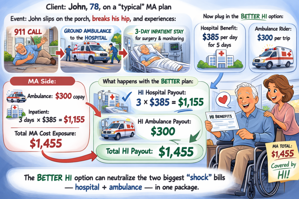 Illustration of hospital indemnity with ambulance rider covers the costs left by Medicare Advantage plan.