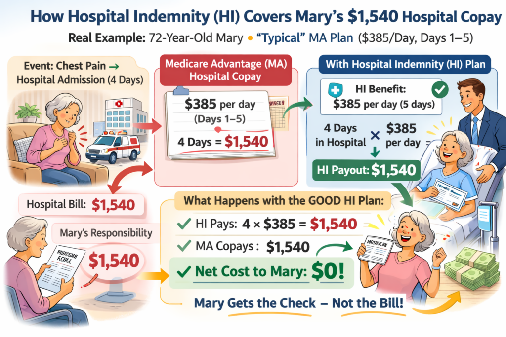 Illustration of hospital indemnity benefits stacked on top of a Medicare Advantage plan.