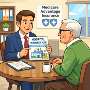 Medicare agent cross selling hospital indemnity with Medicare Advantage to protect clients from hospital costs.