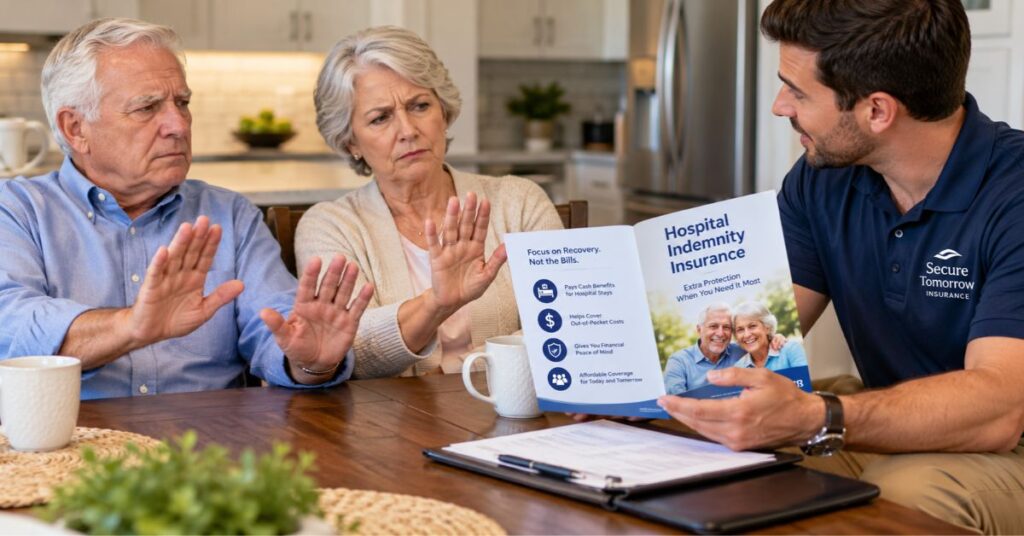 Agent failing to cross-sell hospital indemnity with a brochure to uninterested senior clients.